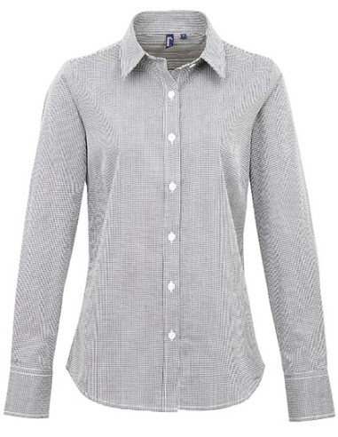 P-PR320-Womens Microcheck (Gingham) Long Sleeve Cotton Shirt